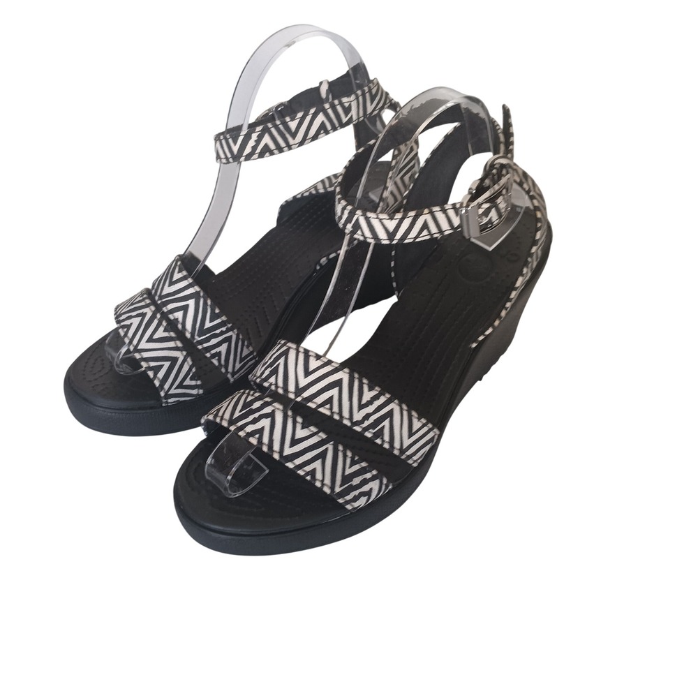 Crocs Leigh Wedge Sandals Womens 10 Black White Geometric Chevron FLAW Stain